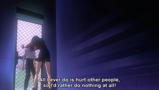 Shinji admits to his feelings of worthlessness to Misato Katsuragi, his guardian and confidante, in The End of Evangelion